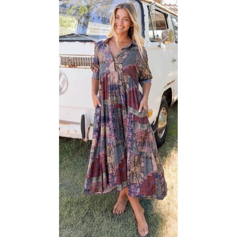 Natural Life Patchwork Rebecca Midi Dress Floral Boho Flowy Sz Medium NEW